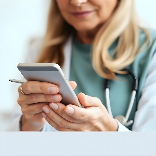 Photo a woman is holding a phone with a stethoscope on it