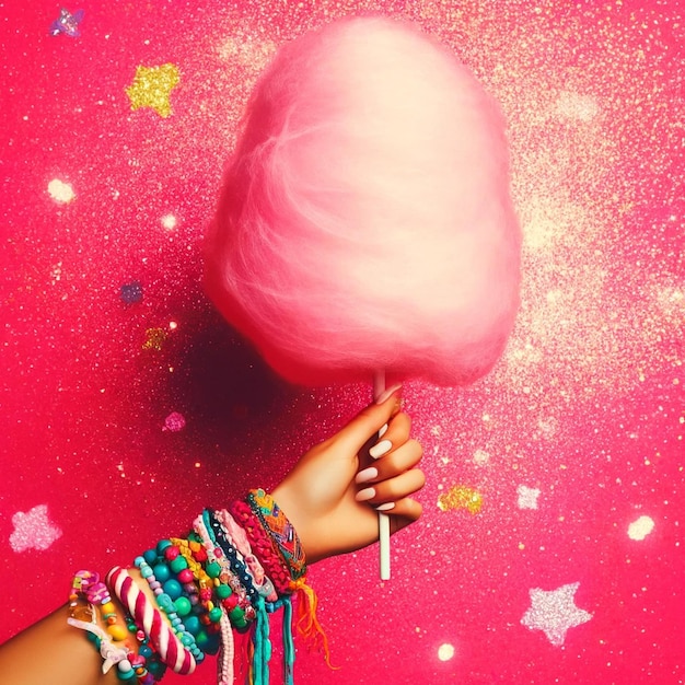 a woman is holding a pink ball of pink candy