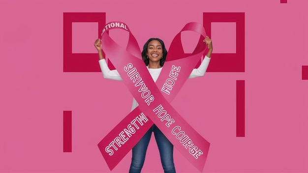 a woman is holding a pink ribbon with the words free and free