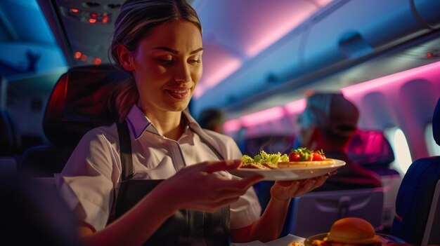 a woman is holding a plate of food in front of a pizza