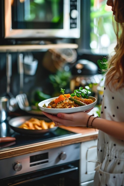 Woman is holding plate of food in kitchen