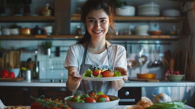 a woman is holding a plate of food with a salad on it