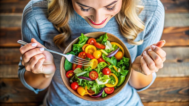 Photo a woman is holding a plate of salad with a fork and a salad