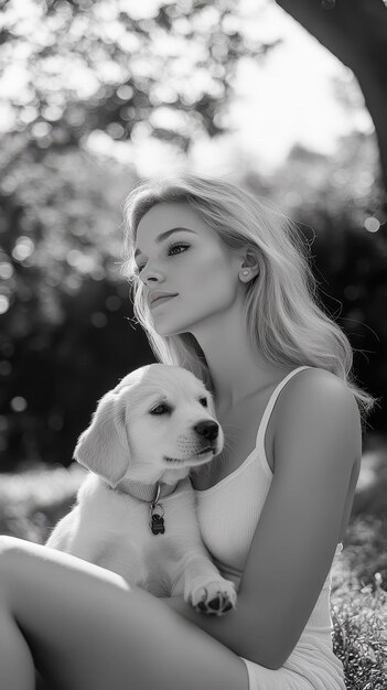 Photo a woman is holding a puppy and a dog