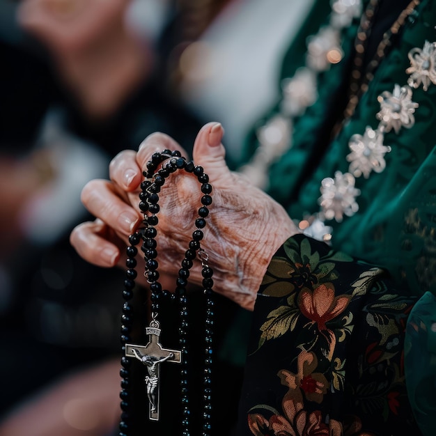 A woman is holding a rosary in her hand