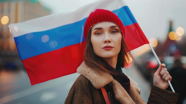 Photo a woman is holding the russian flag