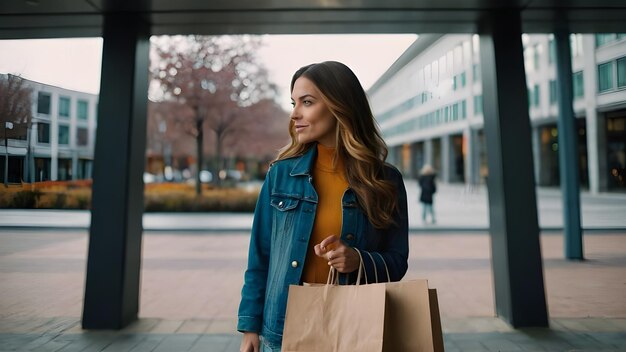 Photo a woman is holding a shopping bag and a shopping bag