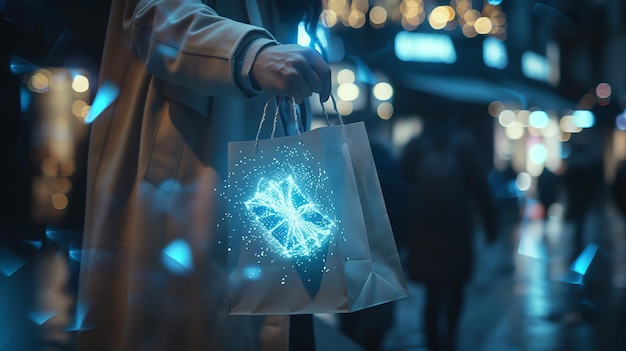 Photo a woman is holding a shopping bag with a glowing blue snowflake on it the background is blurred and there are people walking in the distance