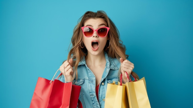 A woman is holding shopping bags and wearing sunglasses