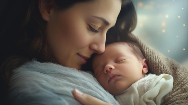 A woman is holding a sleeping baby in her arms