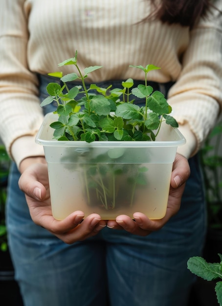 Photo a woman is holding a small plant in a plastic container with copy space