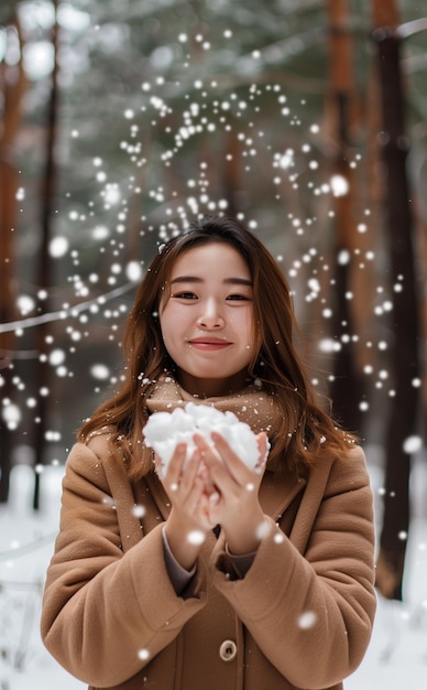 Photo a woman is holding a snowball in her hands