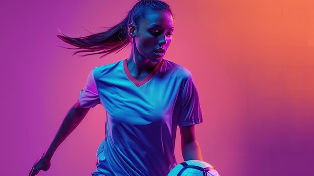 Photo a woman is holding a soccer ball and standing in front of a pink background the image has a bright and energetic mood with the woman39s colorful outfit and the vibrant pink background