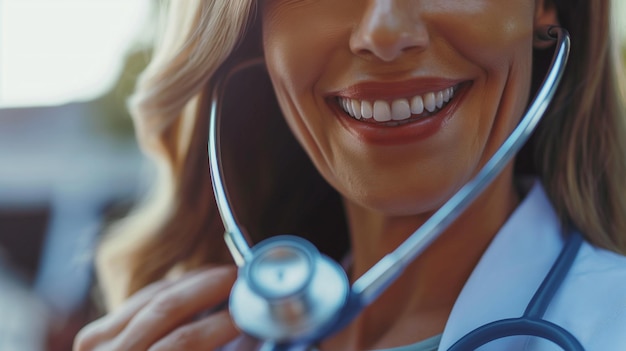 a woman is holding a stethoscope that says quot she is smiling quot