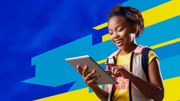 a woman is holding a tablet and a blue background with a picture of a woman holding a glass