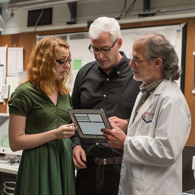 a woman is holding a tablet with a man in a lab coat