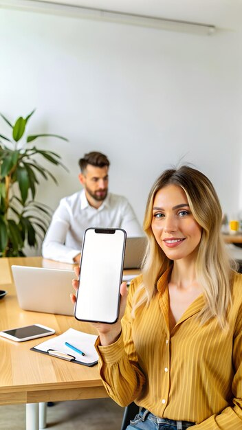 a woman is holding a tablet with a phone on it