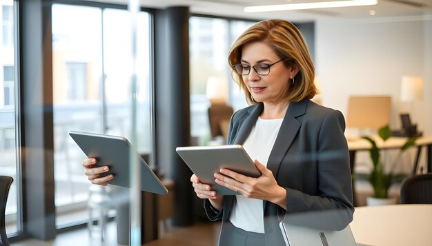 Photo a woman is holding a tablet with a woman in a suit and glasses