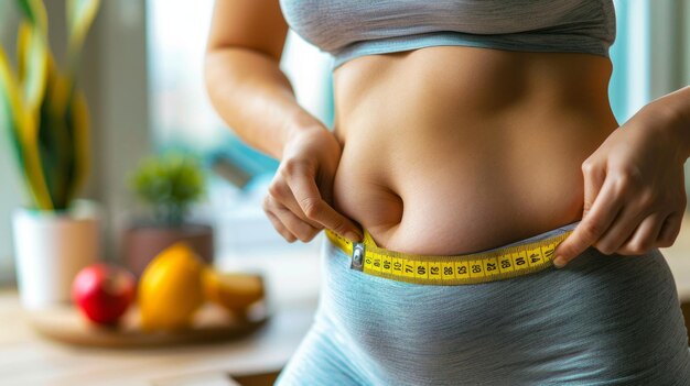 A woman is holding a tape measure around her stomach