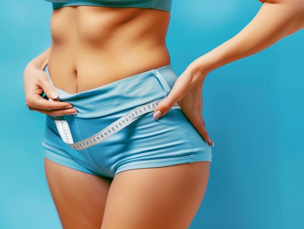 A woman is holding a tape measure around her waist