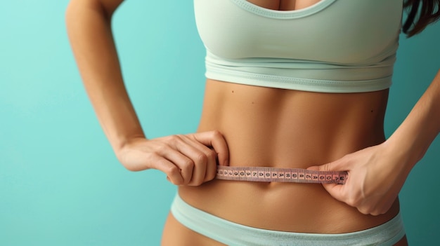 A woman is holding a tape measure around her waist