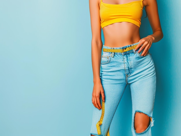 Photo a woman is holding a tape measure around her waist