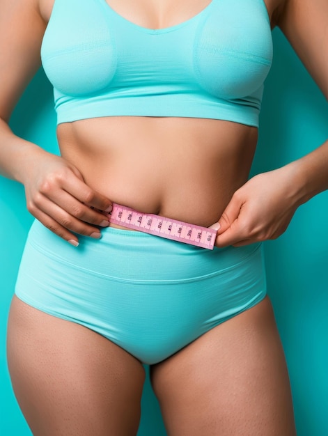 A woman is holding a tape measure around her waist