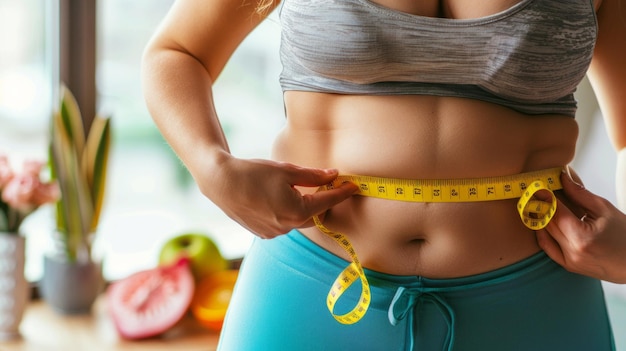 A woman is holding a tape measure around her waist