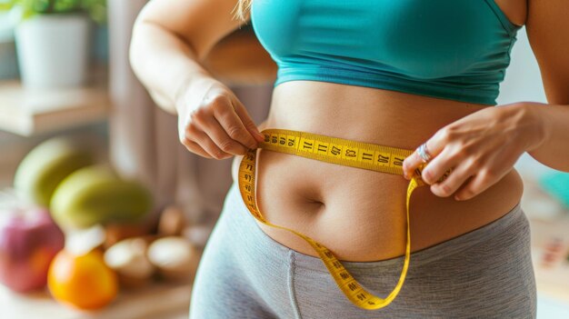 A woman is holding a tape measure around her waist