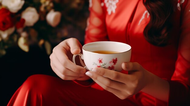 a woman is holding a tea cup and the word tea is on the side of her