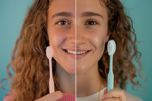 Photo a woman is holding toothbrushes and smiling