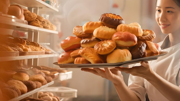 a woman is holding a tray of pastries with a tray of donuts on it