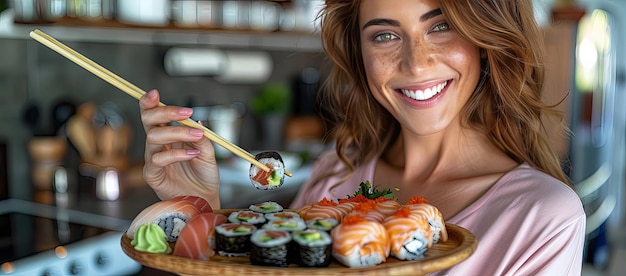 Photo a woman is holding a tray of sushi and chopsticks