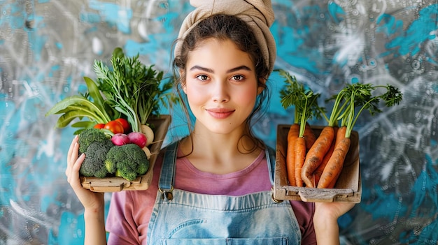 Photo a woman is holding two baskets of vegetables one of which is full of carrots