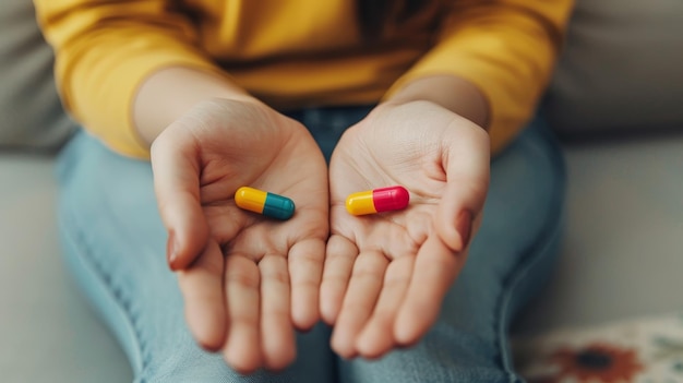 A woman is holding two pills in her hands one blue and one red