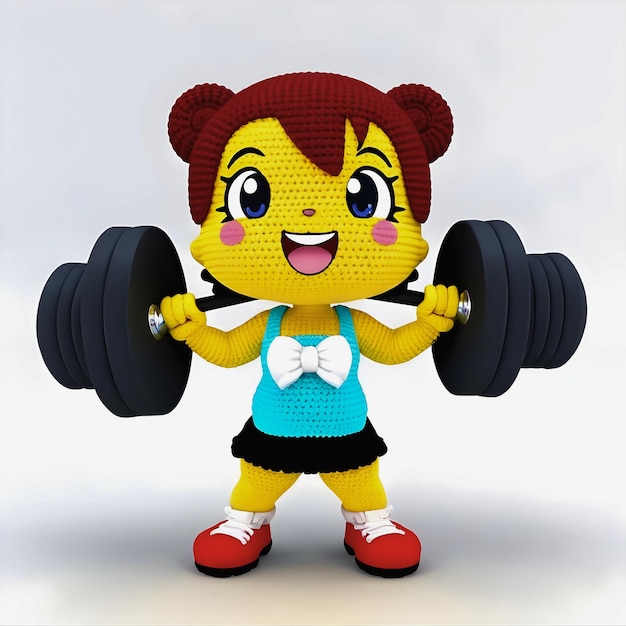 a woman is holding up a barbell toy