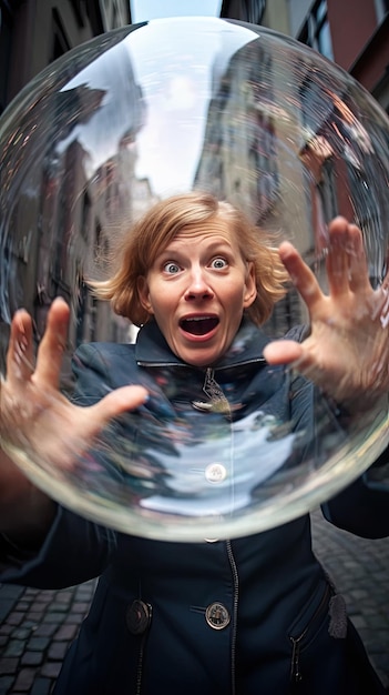 a woman is holding up her hands and looking up at a bubble