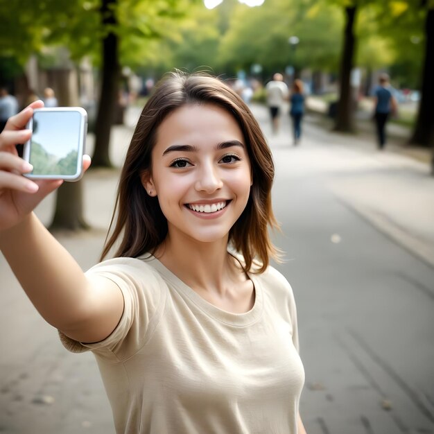 Photo a woman is holding up a smart phone and smiling