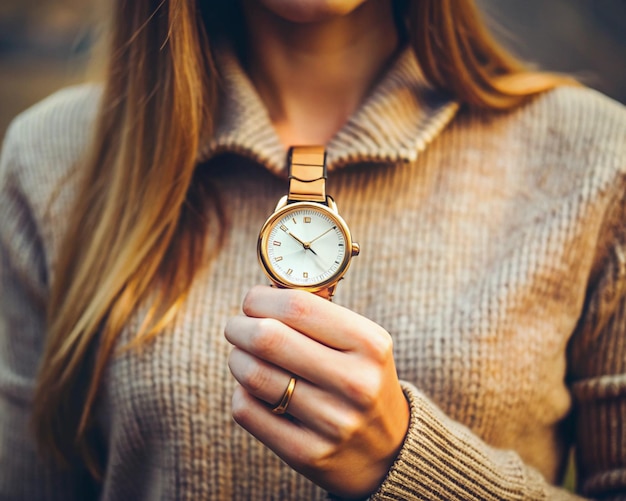 a woman is holding a watch that says  the time