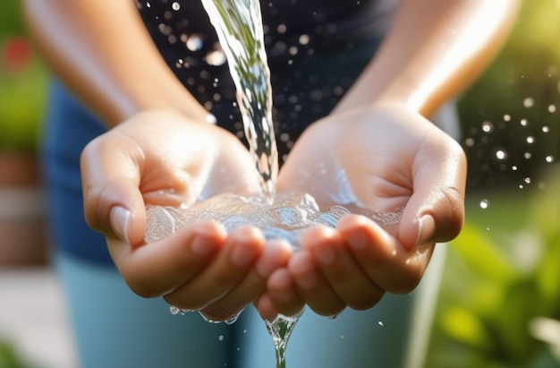 Photo a woman is holding a water droplet that is falling from a water drop