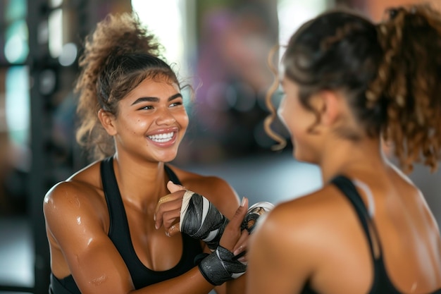 a woman is holding a weight with a smile on her face