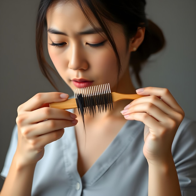 a woman is holding a wooden toothbrush with a wooden handle