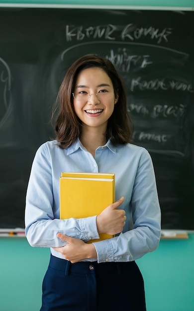 a woman is holding a yellow folder in front of a blackboard