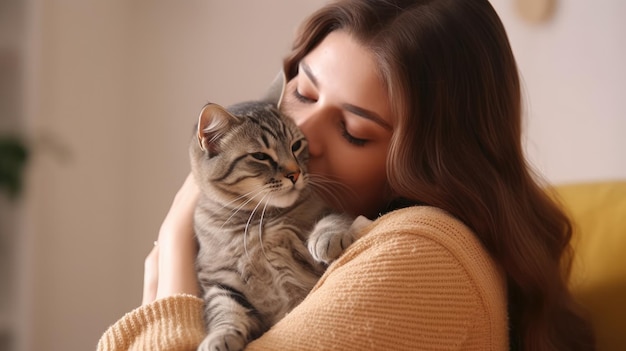 A woman is hugging a cat and she is holding it.