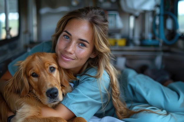 Photo a woman is hugging a dog in a van