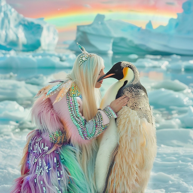 Photo a woman is hugging a duck with a rainbow in the background