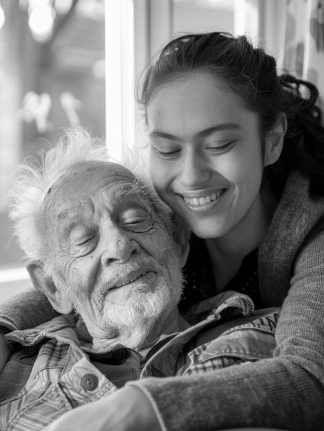 A woman is hugging an elderly man