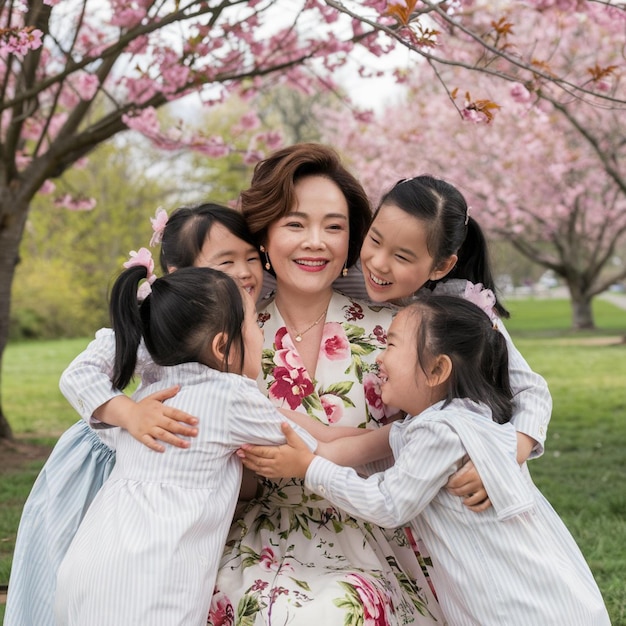 a woman is hugging two girls and the woman is holding her arms up