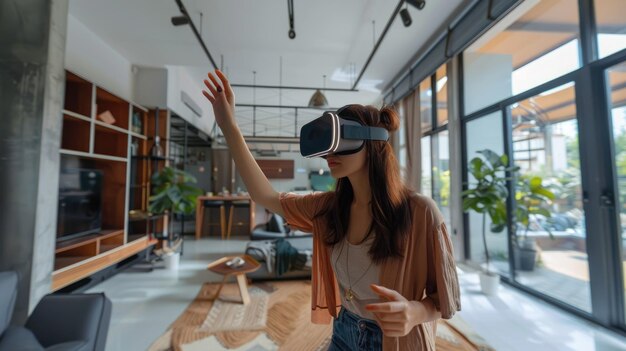 Photo a woman is immersed in a gaming or virtual experience using a vr headset in a modern home interior aig62