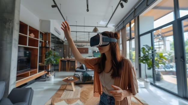 Photo a woman is immersed in a gaming or virtual experience using a vr headset in a modern home interior